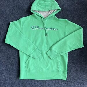 Champion Hoodie Mens Medium Green Logo Fleece Pullover Sweatshirt Athletic